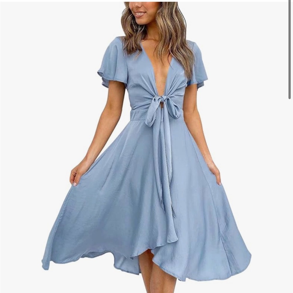 Womens Satin V Neck Ruffle Short Sleeve Tie Front Midi A-Line Maxi Dress